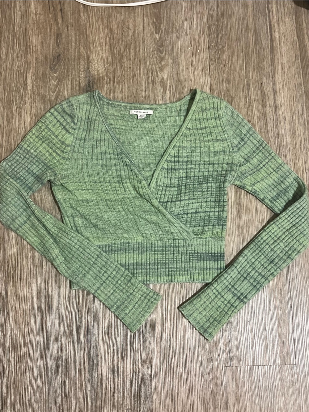 Green Ribbed V Neck Cropped Knit Top